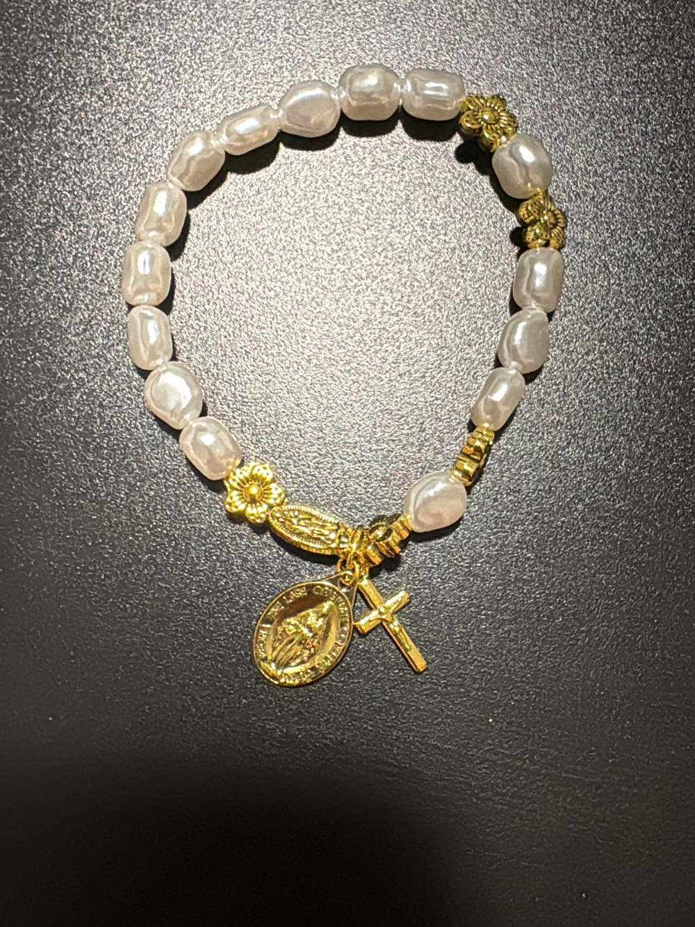 Gold Charm Pearl Stretch Bracelet with Cross and Medal